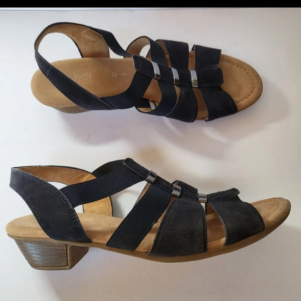 Gabor Women's 8 Black Suede Comfort Ankle Strap Heels Open Toe Slip On Sandals